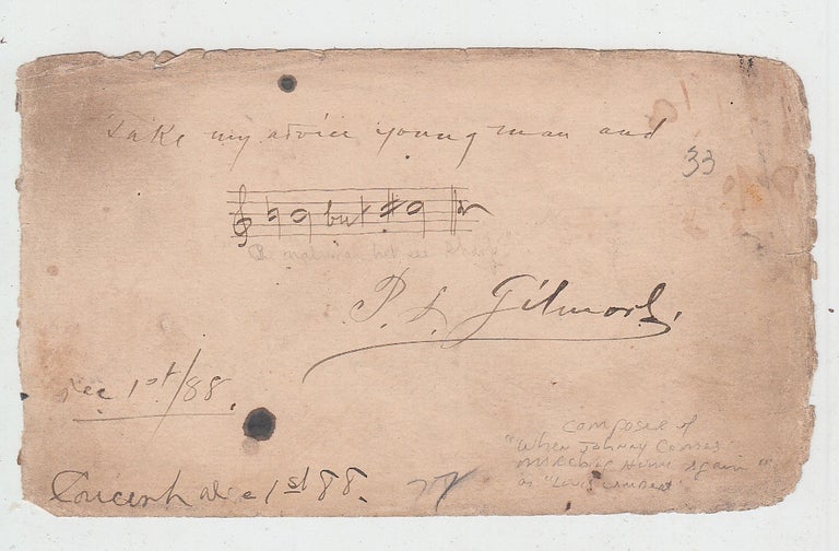 Item #E15625 Autographed album page with musical quotation "B natural but B sharp" (composer of "When Johnny Comes Marching Home Again"). Patrick Sarsfield Gilmore.
