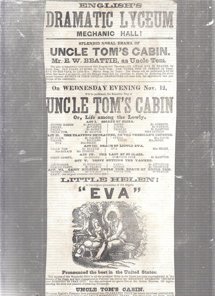 Item #E23791 1870s Broadside for Stage Performance of "Uncle Tom's Cabin" Harriet Beecher Stowe.