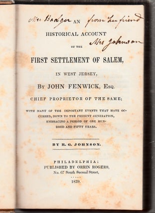 Item #E26263 An Historical Account for the First Settlement Of Salem, in West Jersey, By John...