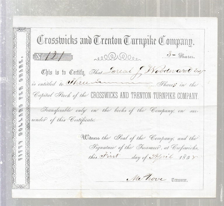 Item #E27694 1858 Crosswicks and Trenton Turnpike Company Stock Certificate [New Jersey]