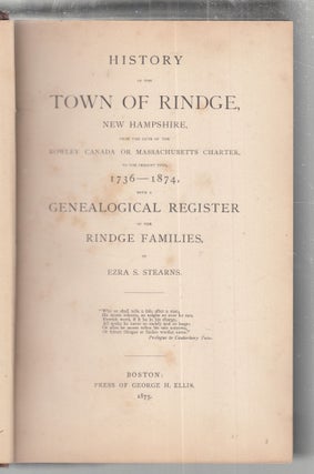 Item #E29732 History of the Town Of Rindge, New Hampshire, from thedate of the Rowley Canada or...