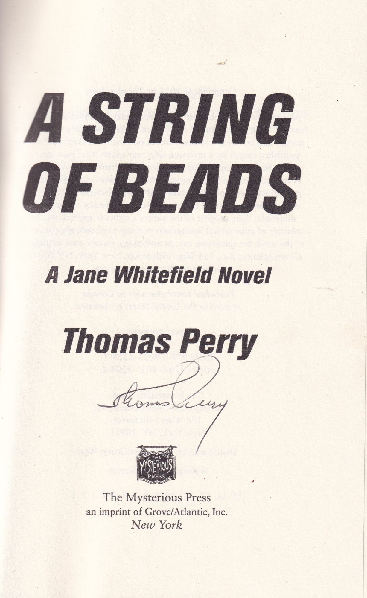 A String of Beads A Jane Whitefield Novel Signed first