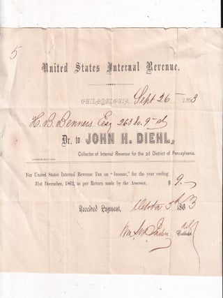 Item #E36926 1863 CIVIL WAR INTERNAL REVENUE INCOME TAX PYMENT RECEIPT