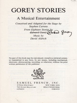 Item #WE30501 Gorey Stories: A Musical Entertainment (SIGNED BY EDWARD GOREY). David Aldrich