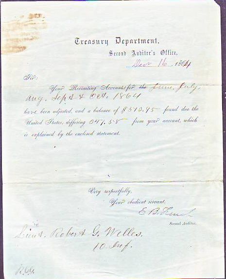 Item #X199 Treasury Department Auditor's Document for Civil War Recruiting Account dated 1864. CIVIL WAR.