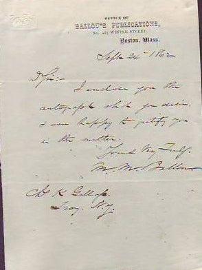 Item #X214 Autograph Note Signed, Dated 1862. Ballou M. M, Maturin Murray