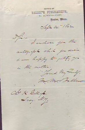 Item #X214 Autograph Note Signed, Dated 1862. Ballou M. M., Maturin Murray.