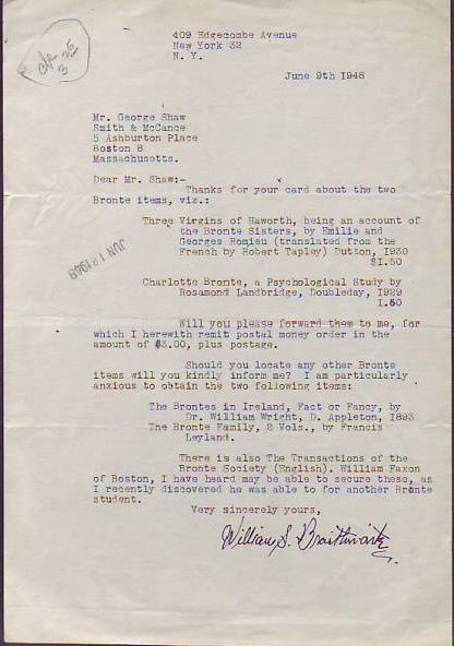 Item #X216 Typed Letter Signed to a Boston Bookseller regarding Purchase of Books about the Brontes. William S. Braithwaite.