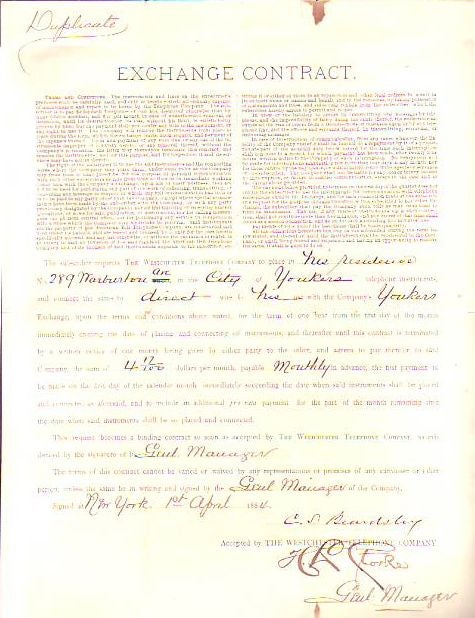 Item #X220 Early Telephone Customer Contract dated 1884 at Yonkers, Westchester County, NY. TELEPHONE.
