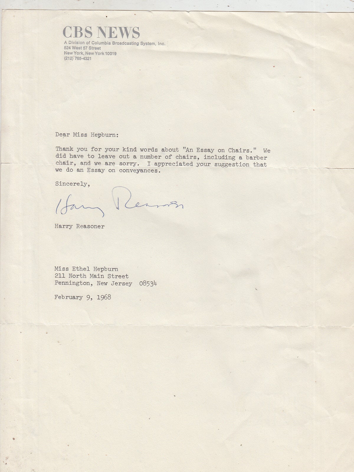 Typed letter signed, dated 1968 on CBS News letterhead | Harry Reasoner